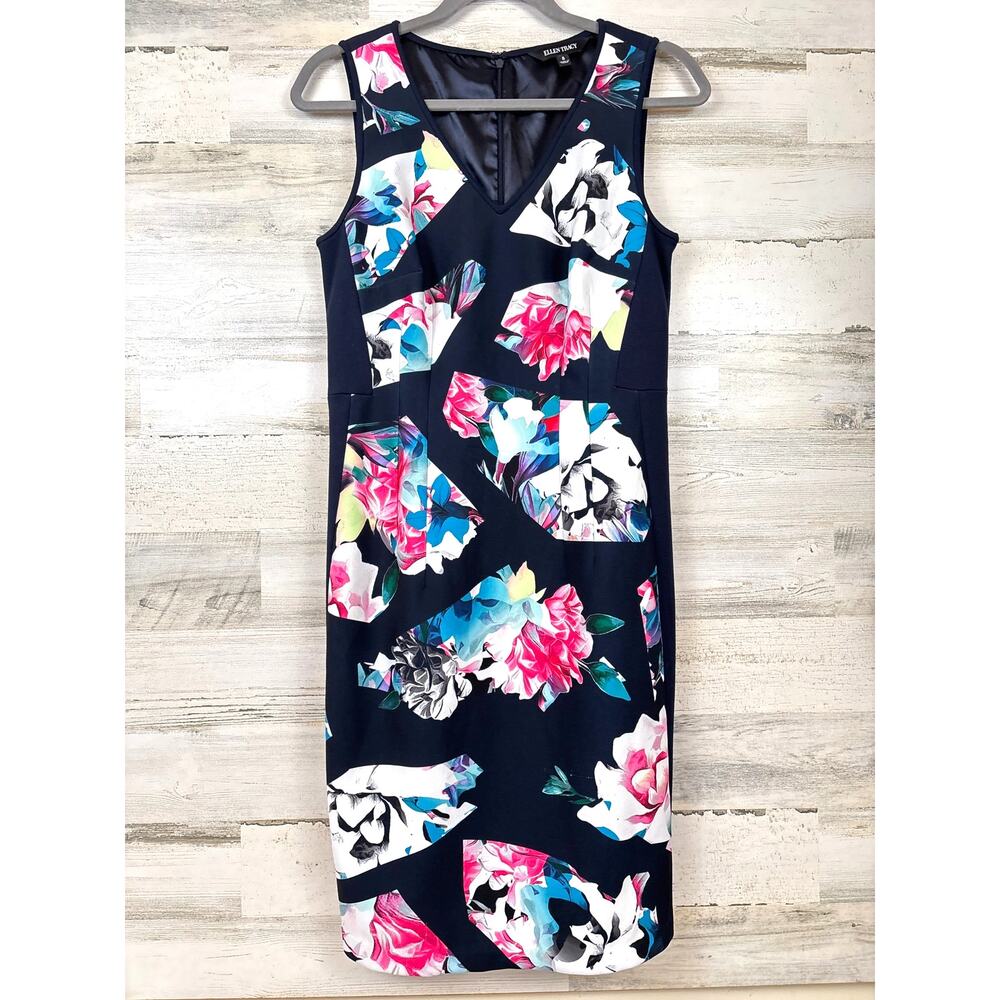 Ellen Tracy Womens 8 Blue Floral Midi Dress Workwear Career Chic NEW